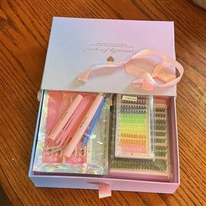 Pink Eyelash Extension Starter Kit with Tools and Colored Lash Fans
